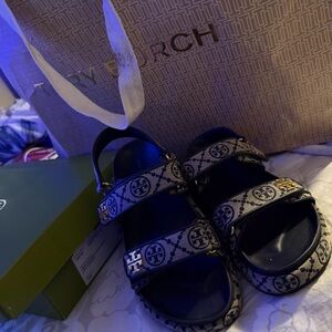 Tory Burch Black and Cream Patterned Sandals